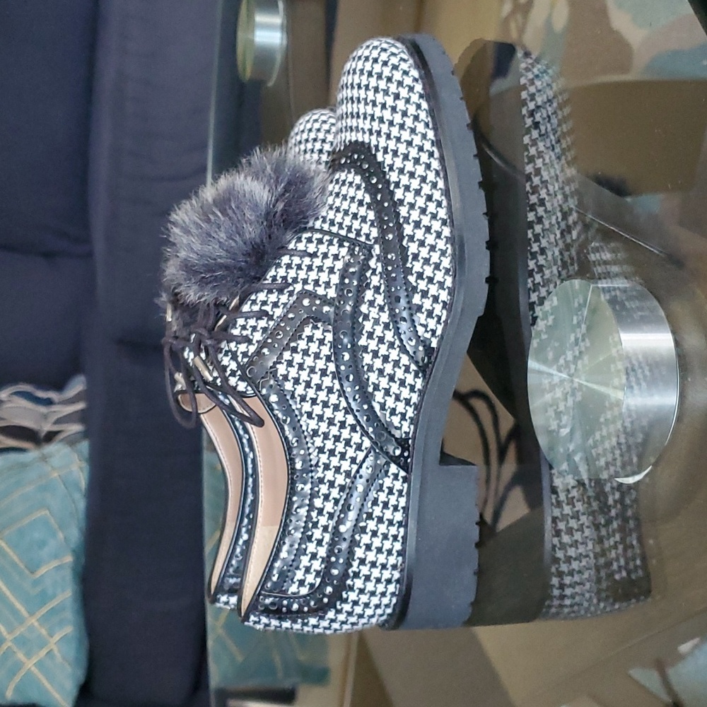 Sam Edelman black and white houndstooth pom pom oxfords